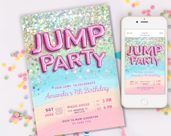 Springen feest verjaardagsuitnodiging meisje, trampoline feest, springen feest bewerkbare uitnodiging, trampoline verjaardagsuitnodiging, folie regenboog bounce partij