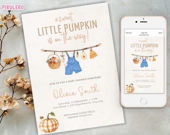A Little Pumpkin is on The Way Baby Shower Invitation, Fall Pumpkin Baby Shower Invite, Editable Template Printable blue jean baby for boy