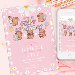 Capybara Birthday Invitation, summer Capy Birthday invite, daisy pink Party, Animals Kid&#39;s Birthday girl Theme Template, spring vibes summer