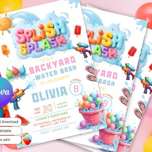 Puede incluir: Varias invitaciones para una fiesta acu&aacute;tica en el jard&iacute;n, con texto y gr&aacute;ficos coloridos. El dise&ntilde;o incluye pistolas de agua, gotas de agua y un cubo de globos. La invitaci&oacute;n es para el 8&ordm; cumplea&ntilde;os de Olivia.