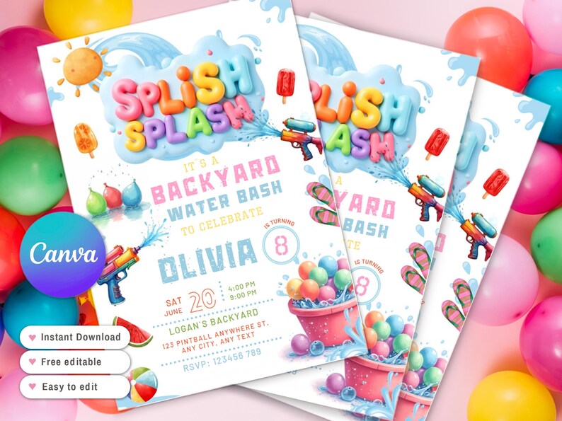 Puede incluir: Varias invitaciones para una fiesta acu&aacute;tica en el jard&iacute;n, con texto y gr&aacute;ficos coloridos. El dise&ntilde;o incluye pistolas de agua, gotas de agua y un cubo de globos. La invitaci&oacute;n es para el 8&ordm; cumplea&ntilde;os de Olivia.
