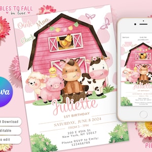 Invito di compleanno modificabile rosa per fattoria, invito di compleanno per animali da fattoria, compleanno per bambina in fattoria, fattoria per bambina, animali da fattoria floreali, fattoria rosa