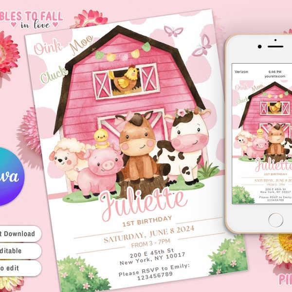 Editable pink Farm Birthday Invitation, Farm Animals Birthday Invite, Girl Barnyard Birthday, Girl Farm, Floral Barnyard Animals, pink farm