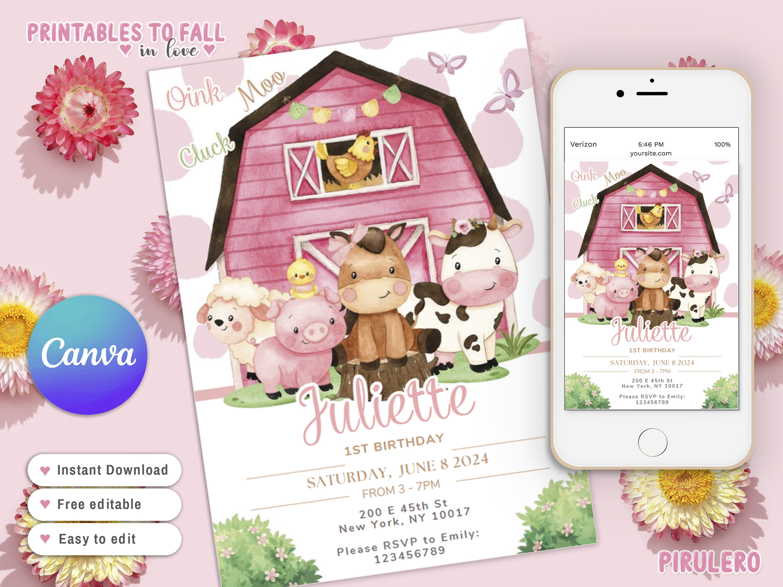 Editable Pink Farm Birthday Invitation, Farm Animals Birthday Invite, Girl Barnyard  Birthday, Girl Farm, Floral Barnyard Animals, Pink Farm - Etsy, image size:2667x2000