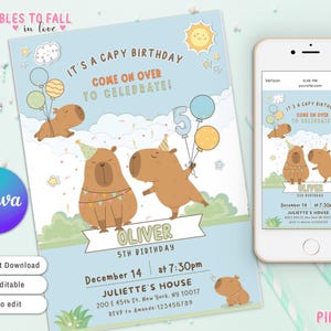 Convite de aniversário de capivara, modelo editável de aniversário de capivara Canva, download digital para impressão, aniversário infantil de animais, tema de aniversário de menino