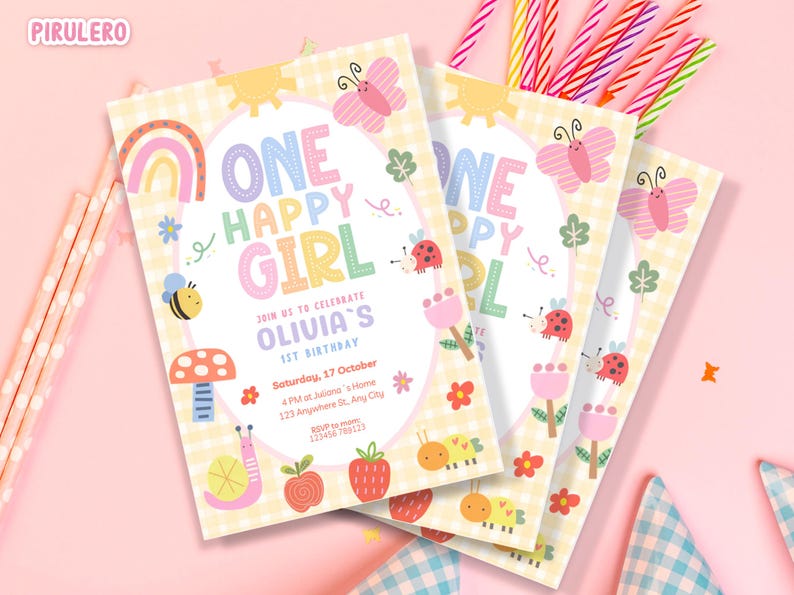 May include: A stack of three birthday invitations with a pastel color scheme. The invitations feature the text "ONE HAPPY GIRL" and include illustrations of a rainbow, butterfly, bee, and ladybug. The invitations are for Olivia's 1st birthday.