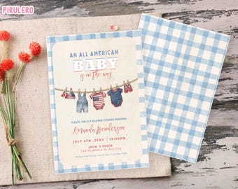 All American Baby Shower Invitation, Patriotic Template (Digital Download) Baby Shower Invite, 4th of July Summer Baby Shower Clothesline