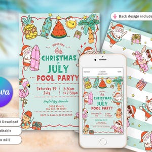 Christmas in July Party Invitation, pool party summer Christmas Invite, Christmas Summer Party, Summer Santa Pool Beach Party Template