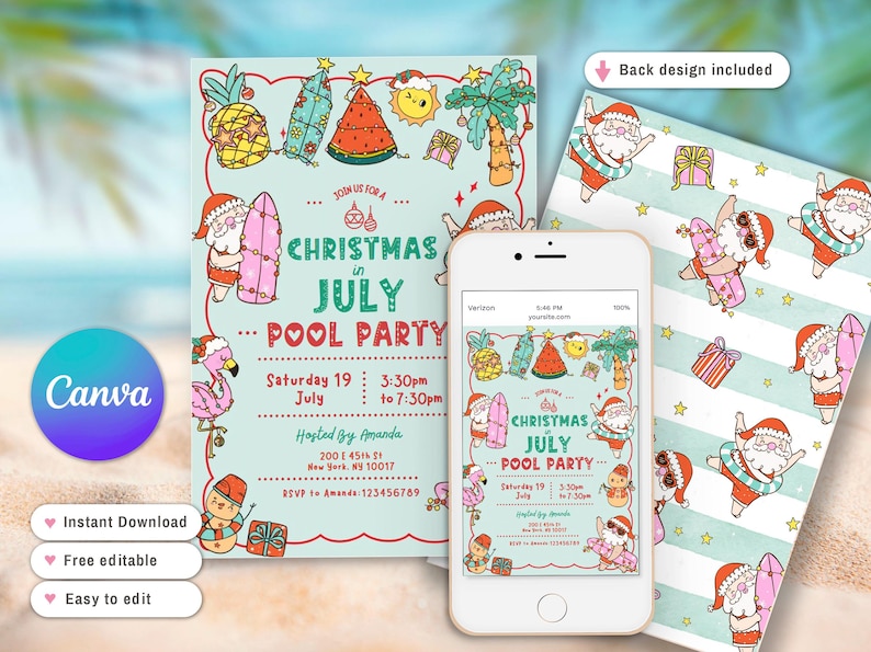 May include: A festive invitation design for a Christmas in July pool party. The invitation features cartoon illustrations of Santa Claus with surfboards, pineapples, and watermelons. The design is displayed on a card, a phone screen, and the back of a card.