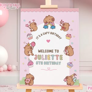 Letrero de bienvenida de cumpleaños de carpincho para niña, de cualquier edad, con decoraciones de animales de carpincho, letrero personalizado de carpincho rosa, decoración editable en Canva de 16 x 20 y 18 x 24 pulgadas (CAP1)