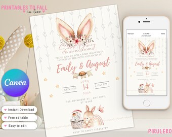 Inbjudan till påskbabyshower, inbjudan till påskbabyshower, söt kaninbabyshowerinbjudan Canva-mall
