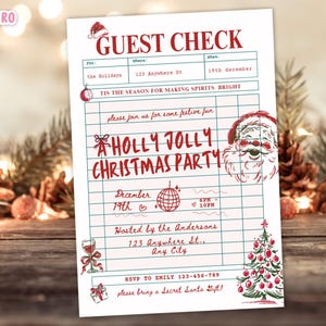May include: A festive Christmas party invitation with a red and green design. The invitation features the text "HOLLY JOLLY CHRISTMAS PARTY" with Santa Claus illustrations and a Christmas tree. The invitation includes event details.