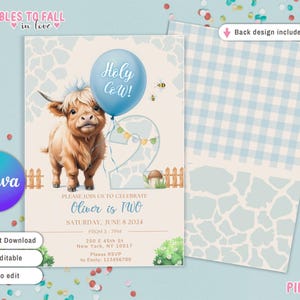 Farm I&#39;m Two Holy Cow boy Second Birthday, Holy Cow 2nd Birthday Invitation, Highland Cow Theme Birthday Invite, Editable Moo Moo, Cow bday