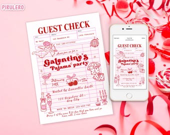 Galentine's Day Pajama Hand Drawn Valentines Invitation, Guest Check Pink red Galentines Invite, Girls Night In PJ Whimsical hand drawn