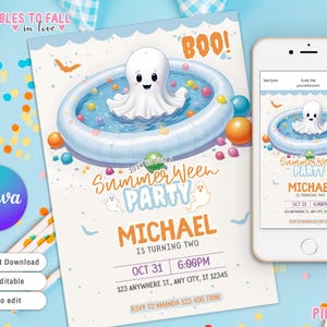 Invitación editable para fiesta de cumpleaños de Summerween, fiesta de Halloween en la piscina de verano, descarga instantánea, invitación para fiesta espeluznante de cumpleaños de fantasmas, verano fantasma