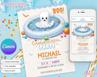 Redigerbar Summerween födelsedagsfestinbjudan Sommar Halloween Poolparty Direktnedladdning, Spökfödelsedag Spökfestinbjudan Spöksommar