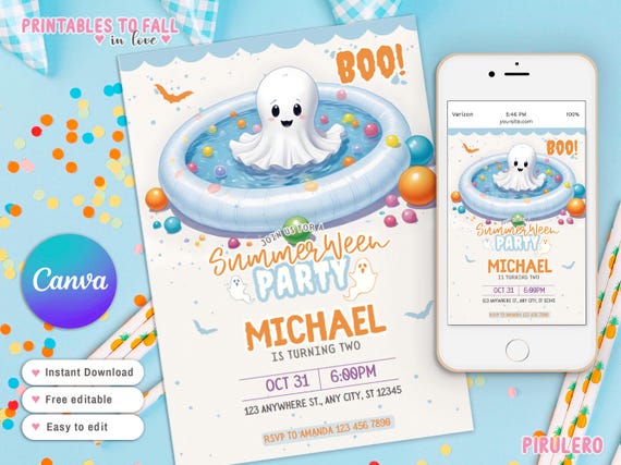 Editable Summerween Birthday Party Invitation Summer Halloween Pool Party Instant Download, Ghost Birthday Spooky party invite Ghost Summer