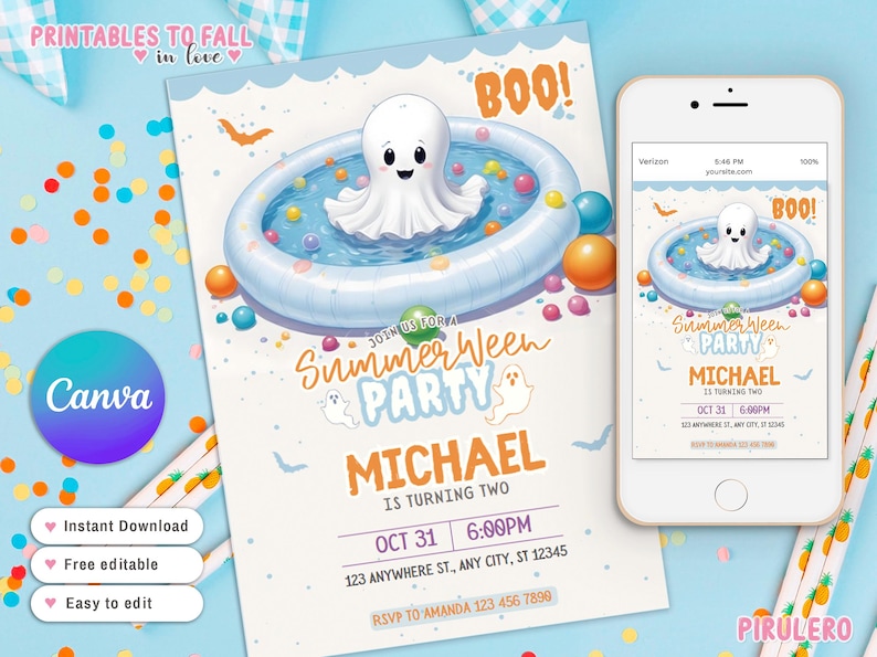 Op de afbeelding: Een printbare uitnodiging voor een Summerween-feest. De uitnodiging toont een cartoon-spook dat in een blauw opblaasbaar zwembad met kleurrijke ballen drijft. De tekst op de uitnodiging luidt "Join us for a Summerween Party" en "Michael wordt twee jaar". De datum en tijd van het feest zijn aangegeven als "Oct 31, 6:00PM".