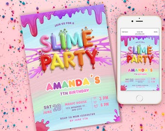 May include: A colorful invitation for a slime party, featuring the text "SLIME PARTY" in balloon-style letters. The invitation includes details for Amanda's 7th birthday, with a date, time, and location. A smartphone displays the same invitation.