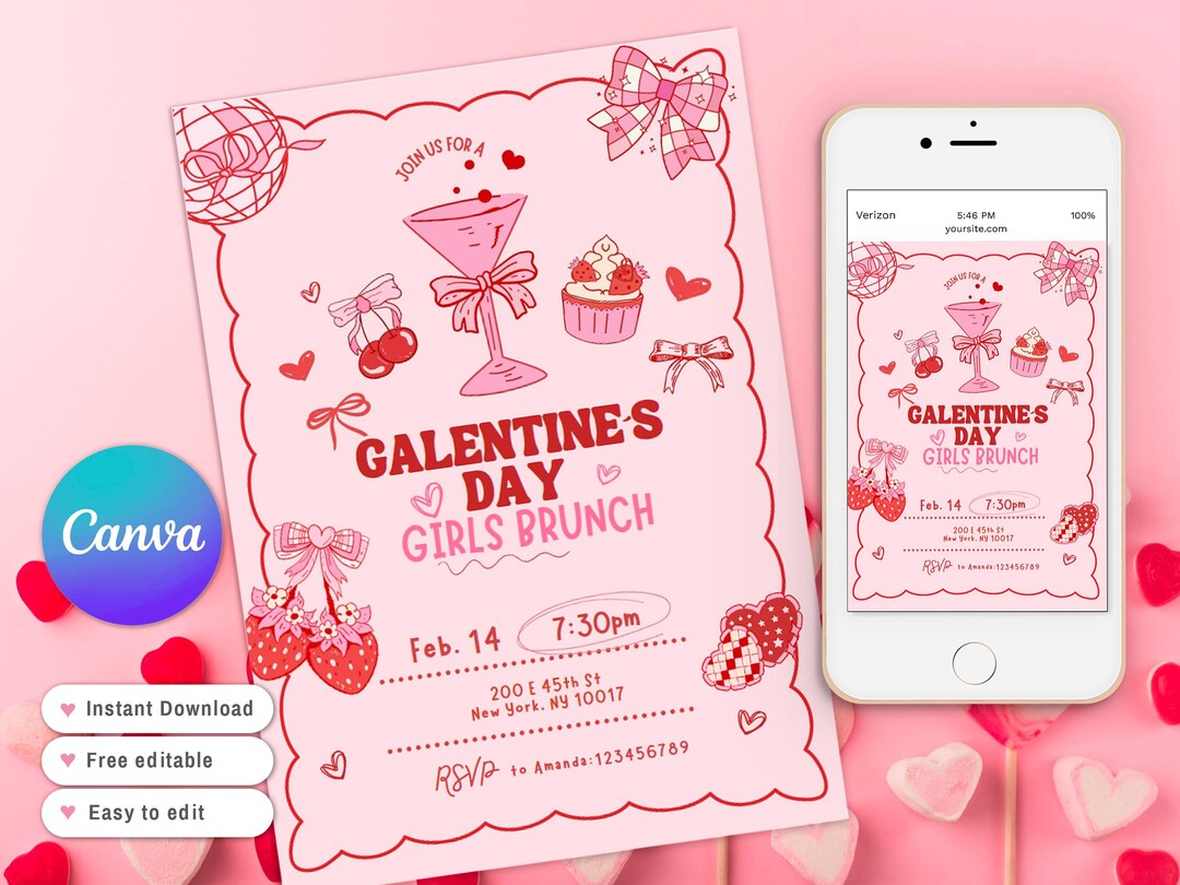 Galentines Party Hand Drawn Valentines Invitation, Pink Red Galentines ...