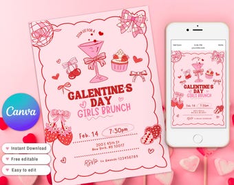 Zaproszenie na przyjęcie Galentines Party, ręcznie rysowane, walentynkowe, różowo-czerwone zaproszenie na wieczór panieński, zaproszenie na brunch Galentines Party
