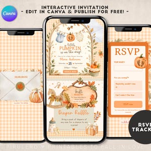 May include: Three smartphones displaying an interactive digital baby shower invitation template with a fall theme. The screens feature watercolor illustrations of pumpkins, autumn leaves, a rocking horse, and an envelope with a wax seal, including text like A little PUMPKIN IS ON THE WAY and RSVP.