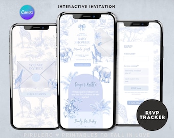 Blue Toile Safari Baby Shower Website Invitation, Interactive Mobile Template Mobile RSVP Template BTS3