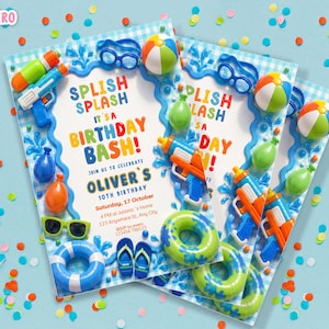 May include: Birthday party invitations with a water gun, beach ball, and sunglasses theme. The invitations are decorated with water-themed elements and the text "SPLISH SPLASH IT'S A BIRTHDAY BASH!" The invitations are for Oliver's 10th birthday.