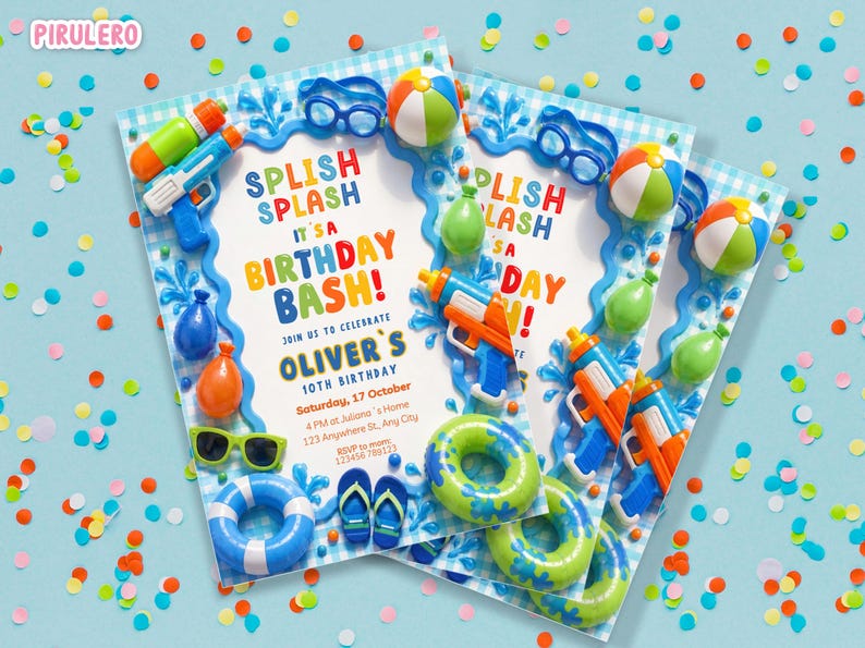 May include: Birthday party invitations with a water gun, beach ball, and sunglasses theme. The invitations are decorated with water-themed elements and the text "SPLISH SPLASH IT'S A BIRTHDAY BASH!" The invitations are for Oliver's 10th birthday.