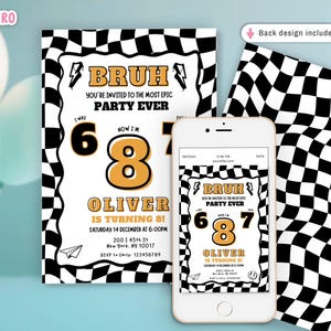 May include: A birthday party invitation with a black and white checkered border. The invitation reads "BRUH, you're invited to the most epic party ever." The invitation is for Oliver, who is turning 8. A smartphone displays the same invitation.