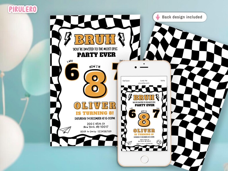 May include: A birthday party invitation with a black and white checkered border. The invitation reads "BRUH, you're invited to the most epic party ever." The invitation is for Oliver, who is turning 8. A smartphone displays the same invitation.
