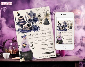 Invitación de Halloween para fiesta de té de brujas, invitación editable para fiesta de Halloween en el jardín, fiesta de Halloween para niñas en el jardín, té con chicas