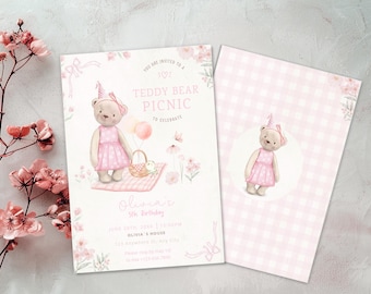 Teddy Bear Picnic Birthday Invitation, Editable Girl Pink floral Bear Picnic Summer Outdoor Party Printable Birthday girl Theme spring vibes