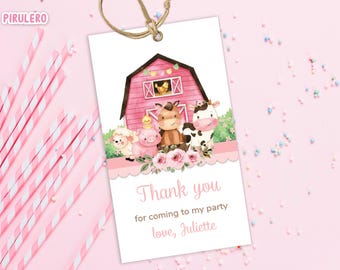 Etichetta bomboniera fattoria per bambina, etichette di ringraziamento rosa fattoria, biglietti di auguri per compleanno bambina con animali da fattoria, etichette di ringraziamento Barnyard Gift bomboniere per feste floreali ragazza PF01