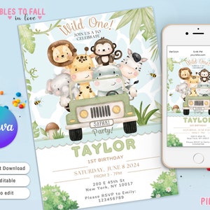 Invito Safari, per qualsiasi età, invito Wild One 1° compleanno, invito MODIFICABILE animali della giungla, modello Canva Safari boy, animali da festa