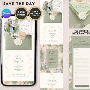 May include: A digital wedding invitation template displayed on a smartphone screen and in vertical panels, featuring sage green envelopes, wax seals, floral accents, and text including Save the Day, RSVP Form, and Step by Step Guide.