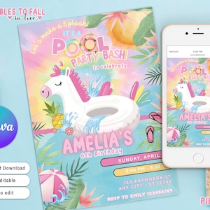 Pool party water slide Party Invite, Waterslide Invitation, DIY Splash Pad Invite Summer Party Splish Splash Bash Water Park, unicorn float