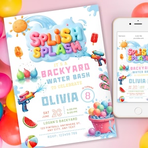 Può includere: Un colorato invito per una festa acquatica in giardino, con le parole "Splish Splash". Il design include pistole ad acqua, palloncini d'acqua e ghiaccioli, con i dettagli dell'evento per l'8° compleanno di Olivia.
