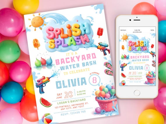 Water Balloon Birthday Invitation, Water Gun Invite, Let's Get Soaked, girl Summer Water Splash Party Invite, Backyard Water Bash Invitation