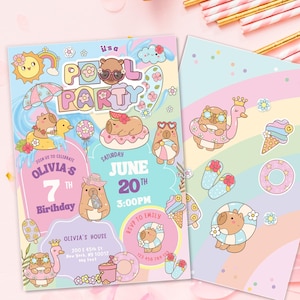 Pool Party Capybara Birthday Invitation, summer Capy Birthday invite, preppy smile Teen Party, Animals Kid&#39;s Birthday girl, pool party bash