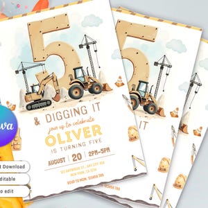 Pu&ograve; includere: Inviti per feste di compleanno con veicoli da costruzione e il numero 5. Gli inviti presentano un design ad acquerello con una gru, un escavatore e una pala caricatrice. Il testo recita "& Digging It" e "Oliver compie cinque anni".