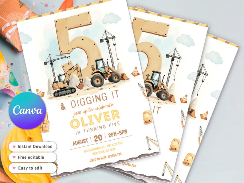 Pu&ograve; includere: Inviti per feste di compleanno con veicoli da costruzione e il numero 5. Gli inviti presentano un design ad acquerello con una gru, un escavatore e una pala caricatrice. Il testo recita "& Digging It" e "Oliver compie cinque anni".