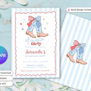 Puede incluir: Una invitaci&oacute;n de cumplea&ntilde;os con tem&aacute;tica patri&oacute;tica. El dise&ntilde;o presenta un par de botas de vaquero con detalles en rojo, blanco y azul, y el texto "all american Girly". La invitaci&oacute;n incluye el nombre "Amanda's" y la fecha y hora de la fiesta.