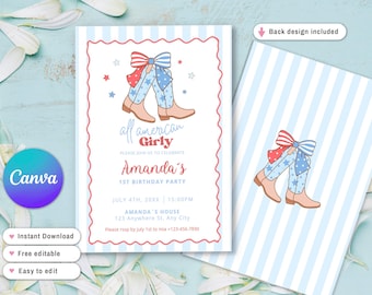 All American Girly, 4th Of July Invite, Patriotic Birthday Invitation, Patriotic Party, Red White and Blue, bow coquette cowgirl party
