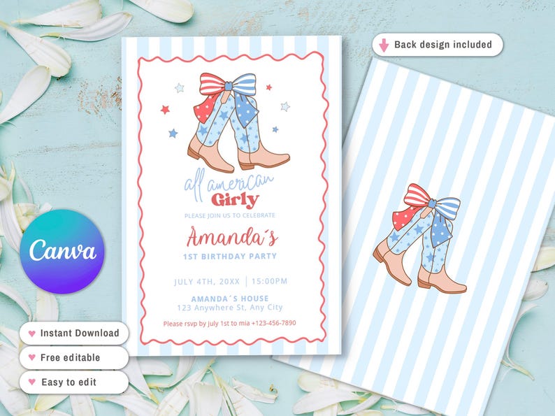 Puede incluir: Una invitaci&oacute;n de cumplea&ntilde;os con tem&aacute;tica patri&oacute;tica. El dise&ntilde;o presenta un par de botas de vaquero con detalles en rojo, blanco y azul, y el texto "all american Girly". La invitaci&oacute;n incluye el nombre "Amanda's" y la fecha y hora de la fiesta.