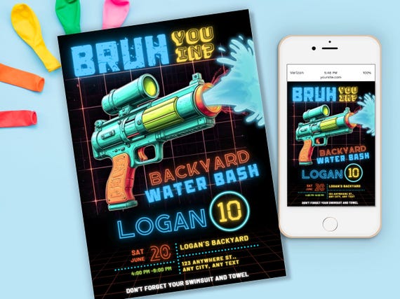 Water Gun Birthday Invitation, Pool Party Invite, Any Age Neon Water Balloon Fight Party, Editable Template, water bash birthday, Glow Party