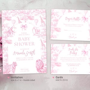 Pink Toile Safari Baby Shower Invitation set, Safari Animal Baby girl Shower Digital Invite, Toile de Jouy Baby Shower Invite vintage Safari