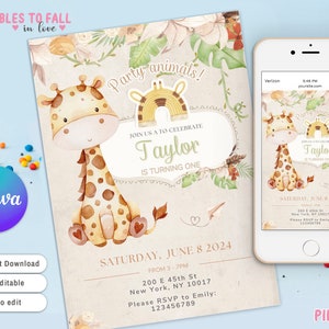 Modello di invito di compleanno giraffa, invito di compleanno modificabile Safari Wild One, cucciolo di animale della giungla, modello di Canva modificabile con download immediato
