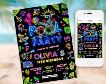 Pool Party Invitation, Splish Splash, Neon Party, Glow Pool Party Invite, Glow Invite, Swimming Pool Birthday Party ANY AGE summer invite