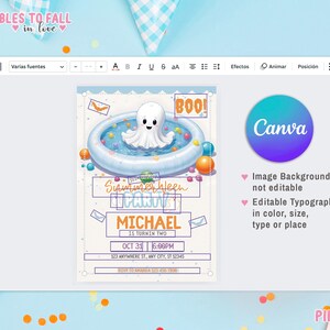 Op de afbeelding: Een printbare uitnodiging voor een Summerween-feest. De uitnodiging toont een cartoon-spook in een blauw opblaasbaar zwembad met de tekst "Summerween Party" en "Michael wordt twee". De uitnodiging is versierd met oranje en gele confetti.